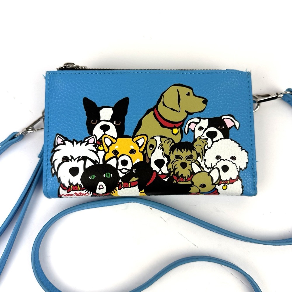 Marc Tetro Dog Family Crossbody‎ Wallet Wristlet Blue Faux Leather Used Once